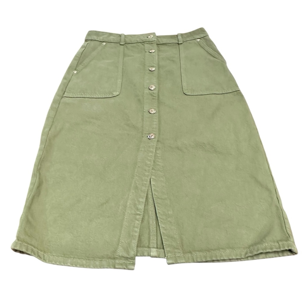 Michael Kors Olive Green Button Front Midi Denim Skirt Gold Buttons Size‎ 8